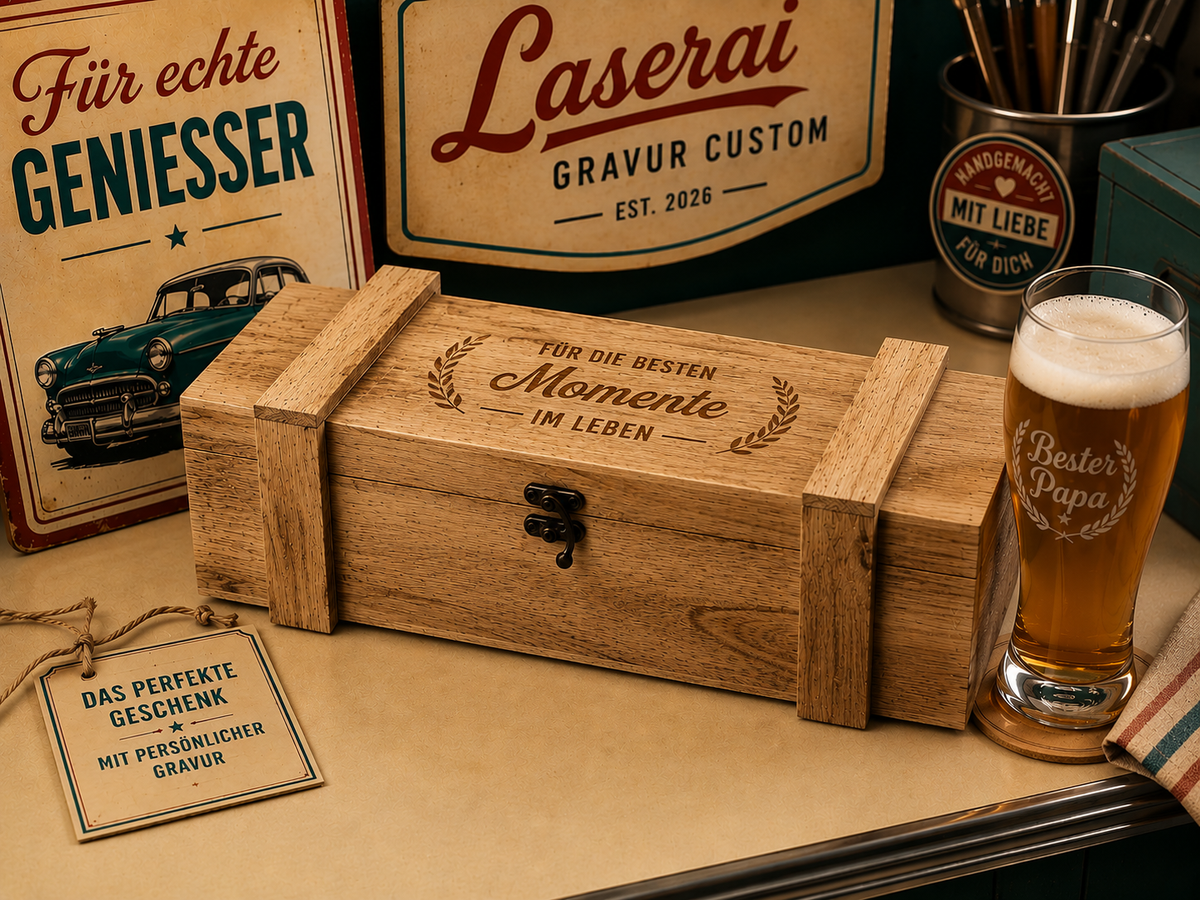 Geschenkbox aus Holz mit persönlicher Gravur im Laserai-Retro-Stil
